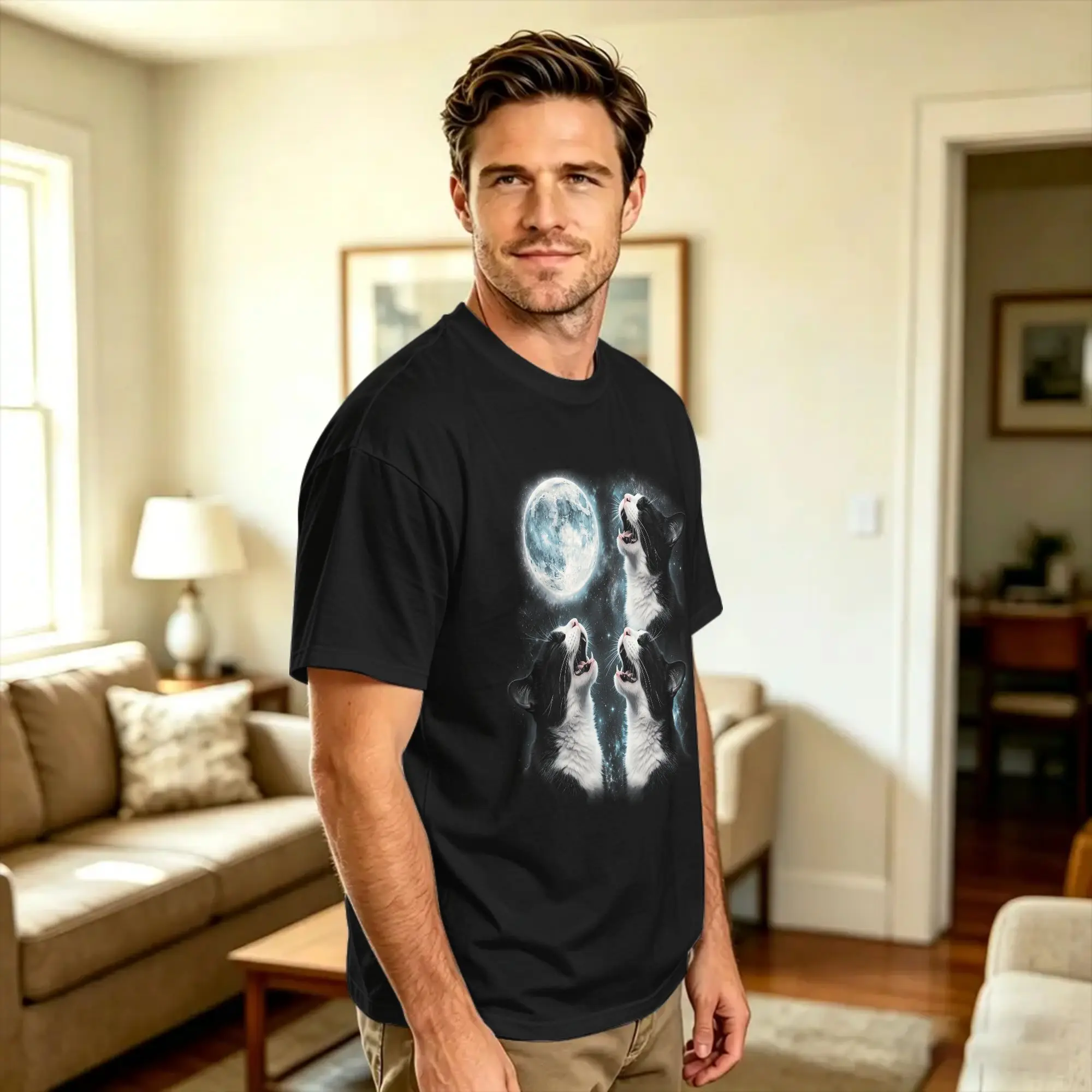 Mens T-Shirt Tuxedo Cat Howling at Moon Retro T-Shirts Trending  Beach Tee Shirt Y2K Casual Cotton Clothing Gift Idea