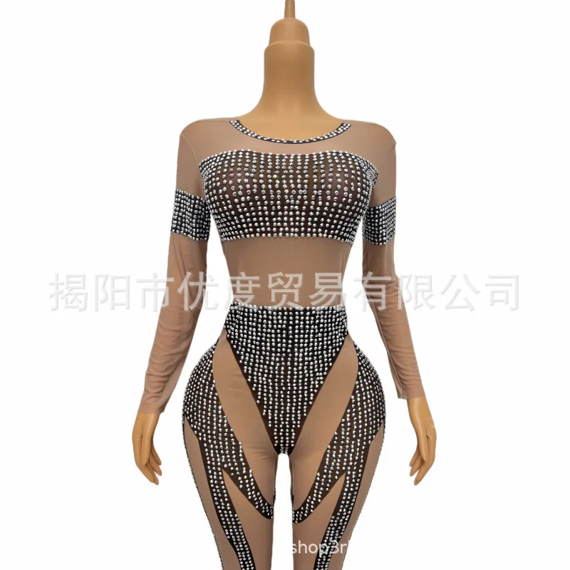 Shiny Rhinestones Wind Skinny Glam Perspective Mesh Birthday Dress Party Night Jumpsuit Black Seduction Vestidos Luxo Para Festa