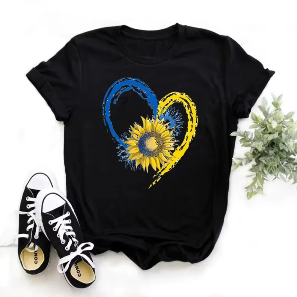 

Sunflower Print Love Blue White T-Shirt Women Casual Comfortable Cotton Short Sleeve Summer Blouse
