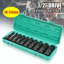 10pcs Impact Socket Set 1/2” Drive Hex Spanner Deep Sockets 10-24mm Pneumatic Wrench Head Tire Removal Tools Maintenance Tool