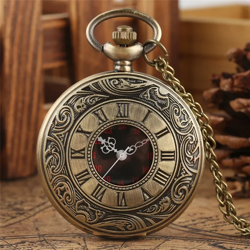 Old Fashion Engraved Roman Number Cover Men Women Quartz Analog Pocket Watch with Necklace Pendant Chain Collectable Clock Gift