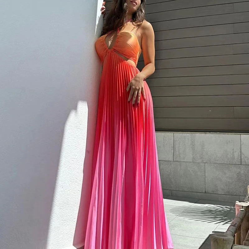 

Women Sexy Halter Backless Pleated Long Dress Spring Tie-dye Print Splicing Maxi Dress Summer Sleeveless Hollow Boho Beach Dress