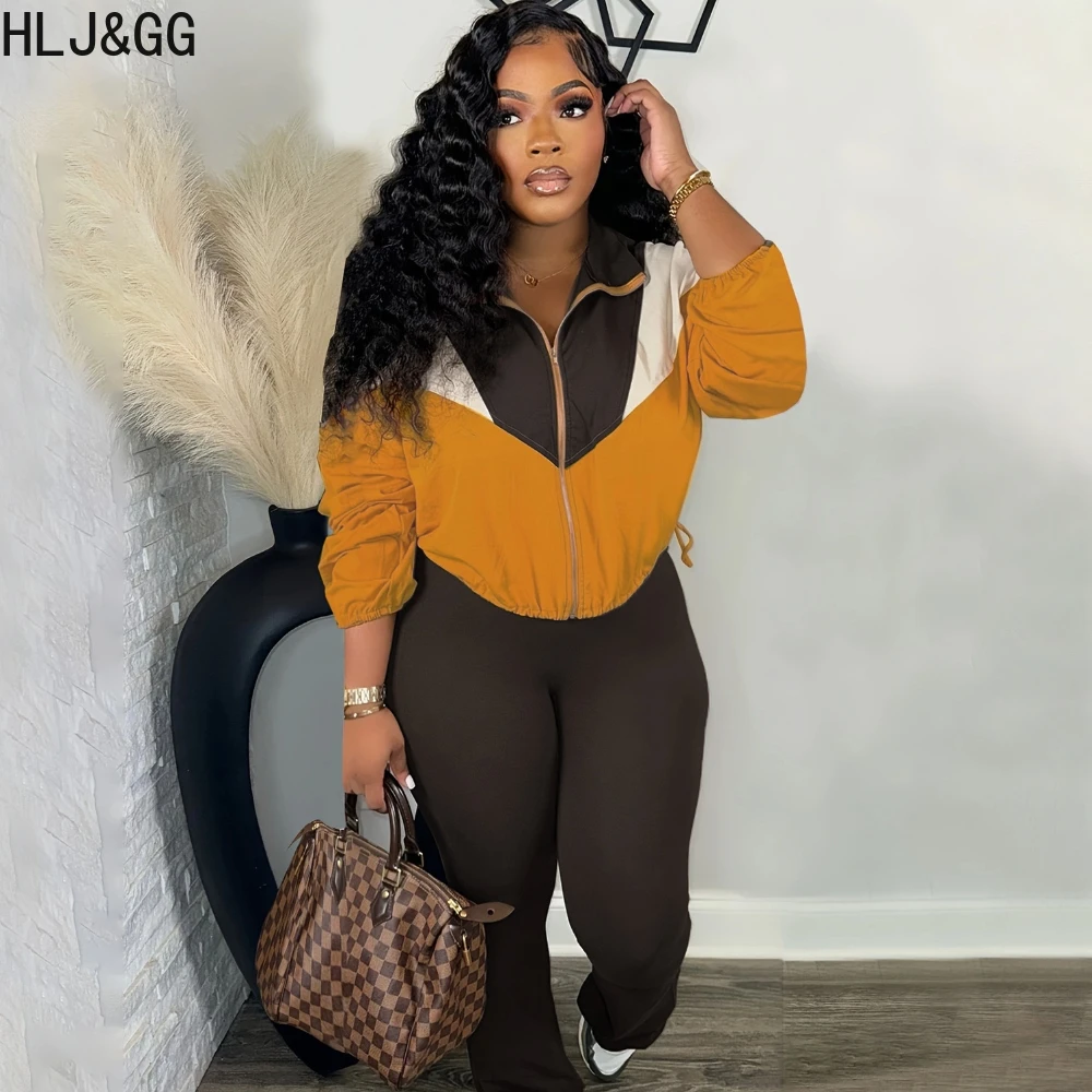 

HLJ&GG Casual Patchwork Sporty Two Piece Sets Women Zip Long Sleeve Crop Top And Skinny Pants Tracksuits Autumn New 2pcs Outfits