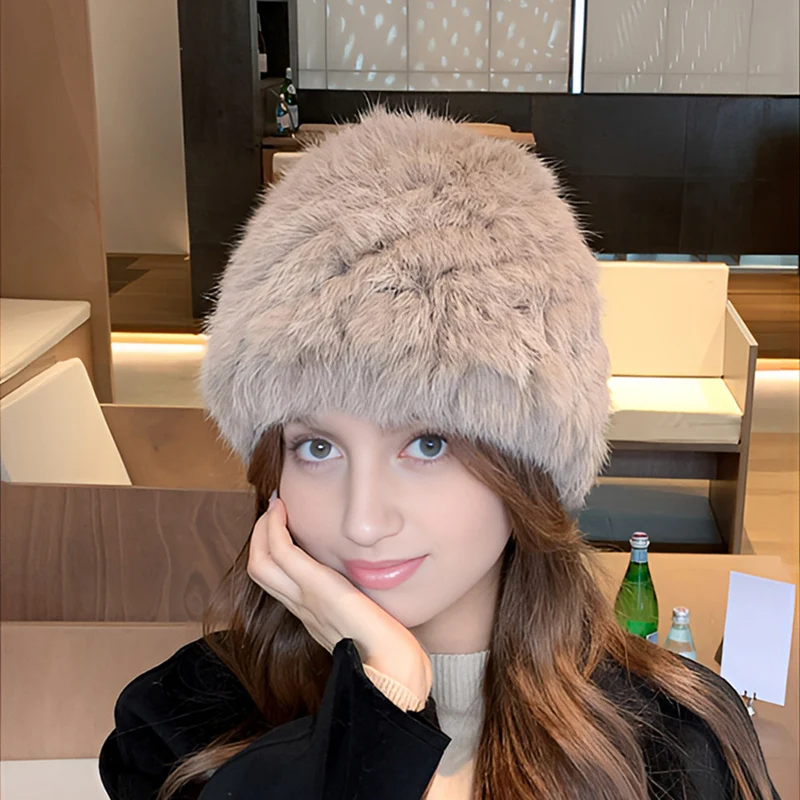 Warm Fluffy Women's Winter Hats new Natural Rabbit Fur Knitted Beanie Caps Russian Soft Cozy Fur Hat