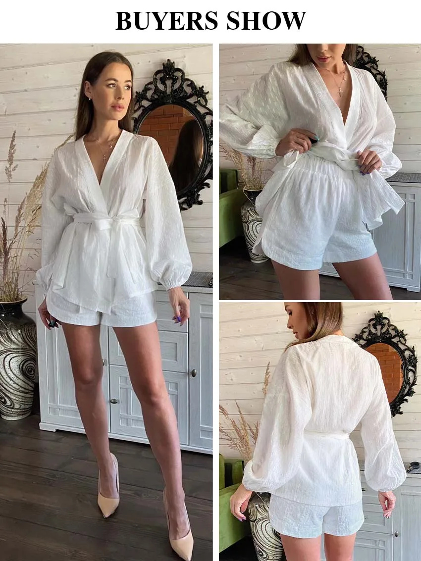 Clacive Fashion Long Sleeve Robes Top Two Piece Sets Womens Outifits Autumn Casual White Home Suit Elegant Shorts Women'S Sets