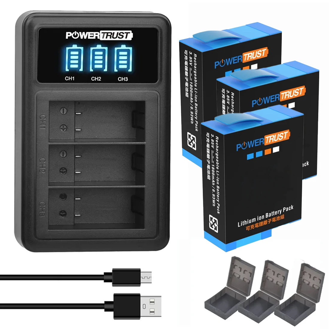 ADBAT-211 de batería de repuesto para GoPro Enduro, Cargador USB de 3 canales LED para GoPro Hero 12/HERO11 Black/HERO10 Black/HERO9 Black