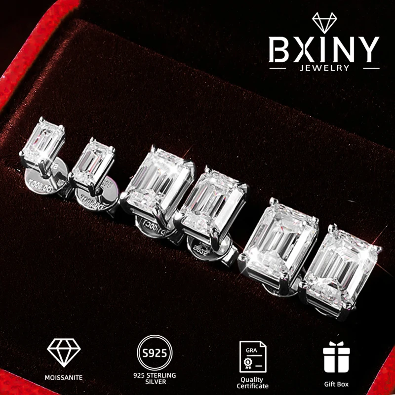 

BXINY GRA Certified Emerald Cut Moissanite Stud Earrings S925 Silver Lab Diamond Ear Studs for Women Men Party Gift Fine Jewelry