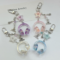 Y2K Pink Purple Gradient Color Music Earphone Beaded Keychain Creative Mini Headset Pendant Keyring Paired Lanyard Key Chain