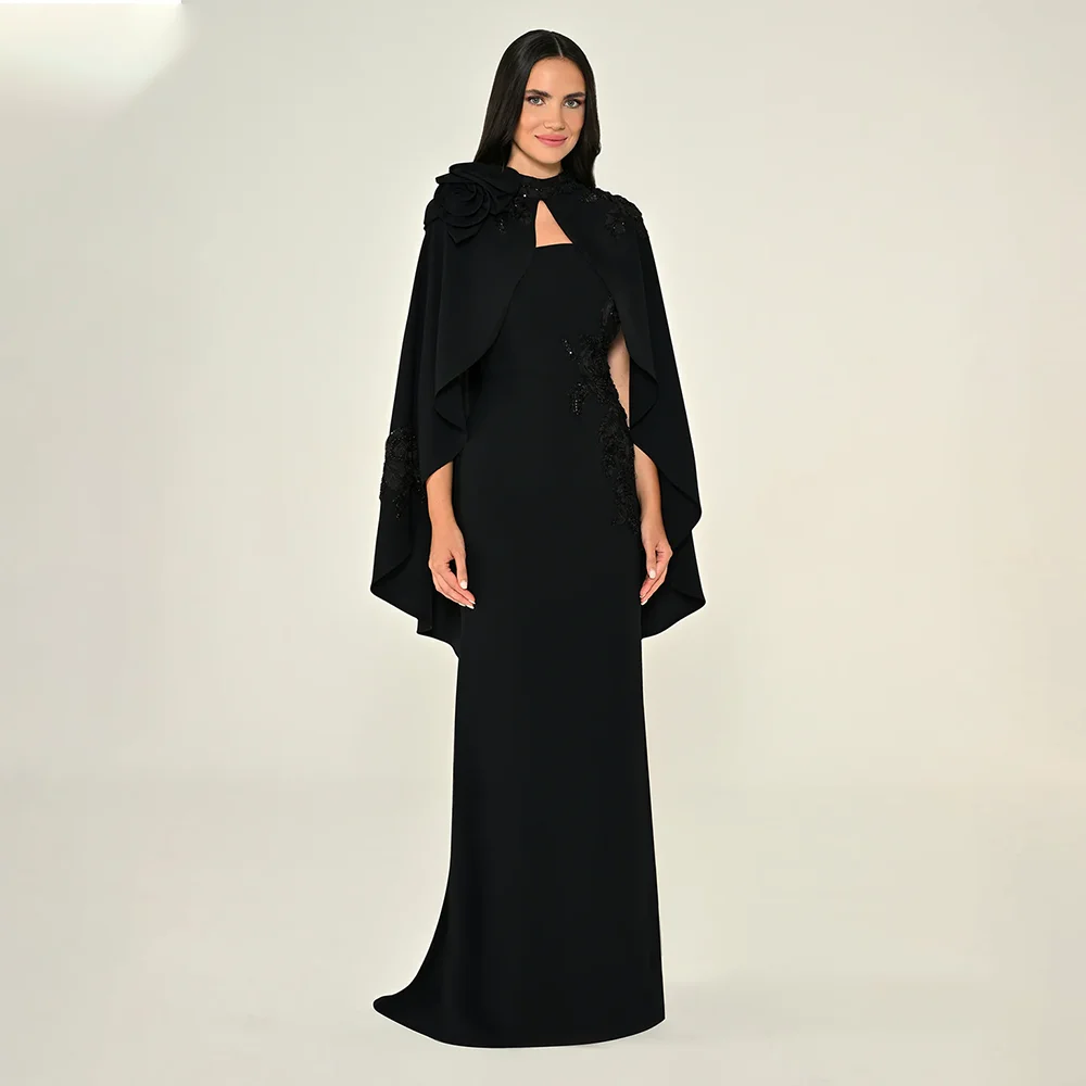 

Черное вечернее платье для женщин с высоким воротом, русалка, цветок, трикотаж, вечерние платья, съемный плащ, длинные вечерние платья по индивидуальному заказу