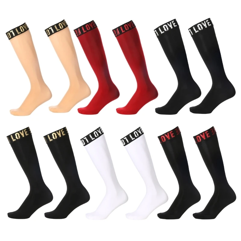 Elegant Men's Formal Dress Socks Nylon Silk Letter Top Glossy Knee Length Socks