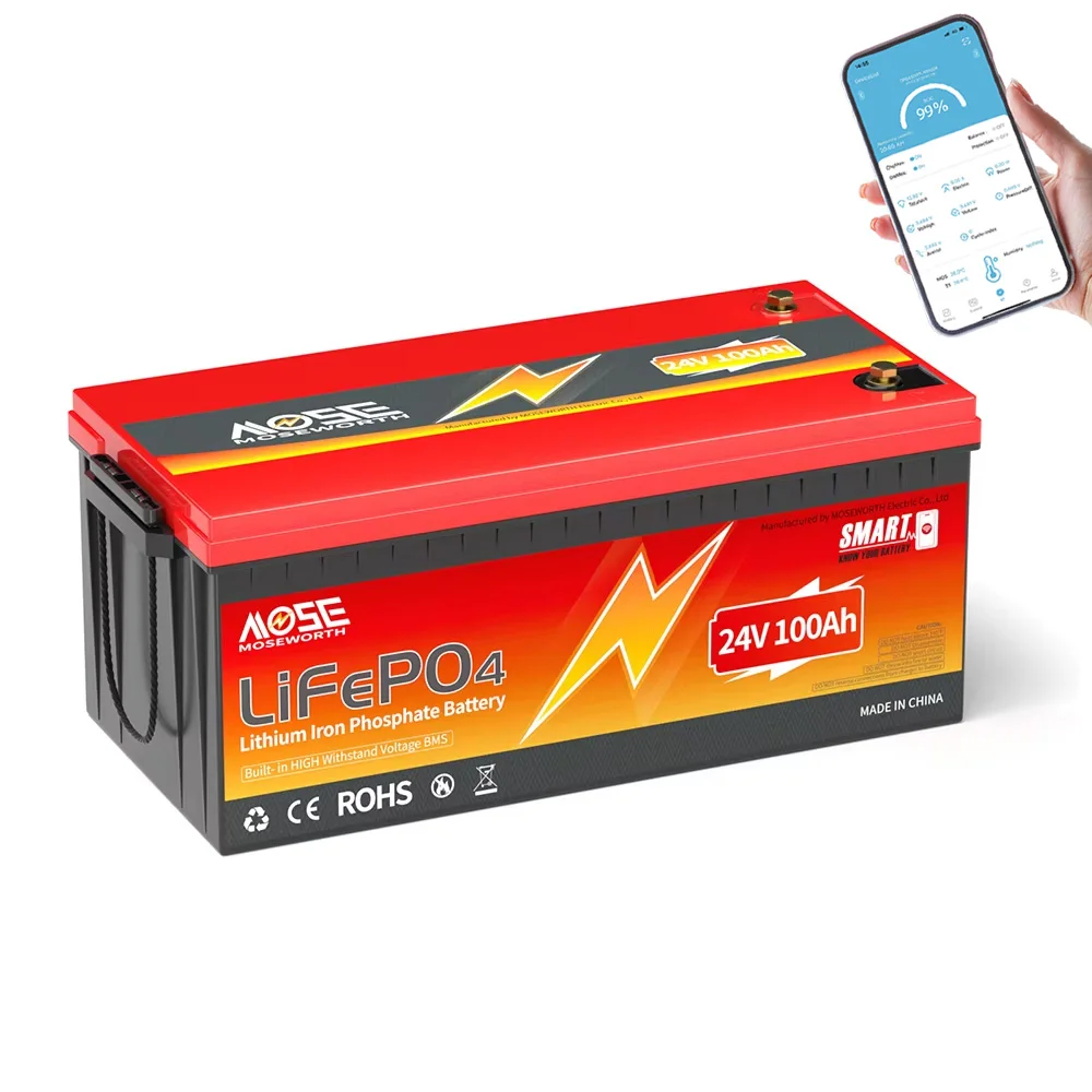 MOSEWORTH 24V 100Ah LiFePO4-Akku Lithium-Eisenphosphat-Batterien Eingebautes Bluetooth BMS 8000+ Zyklen für Solarboote
