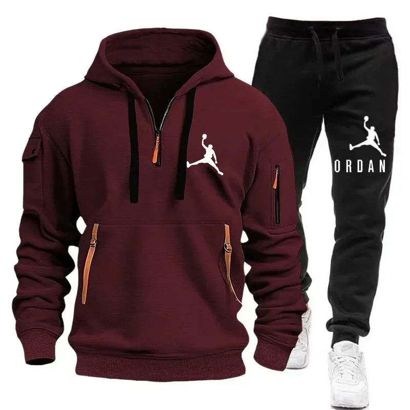

New autumn and winter men's wear multi-pocket hooded fashionable zipper sweatshirt + jogging pants two-piece set, high-quality c