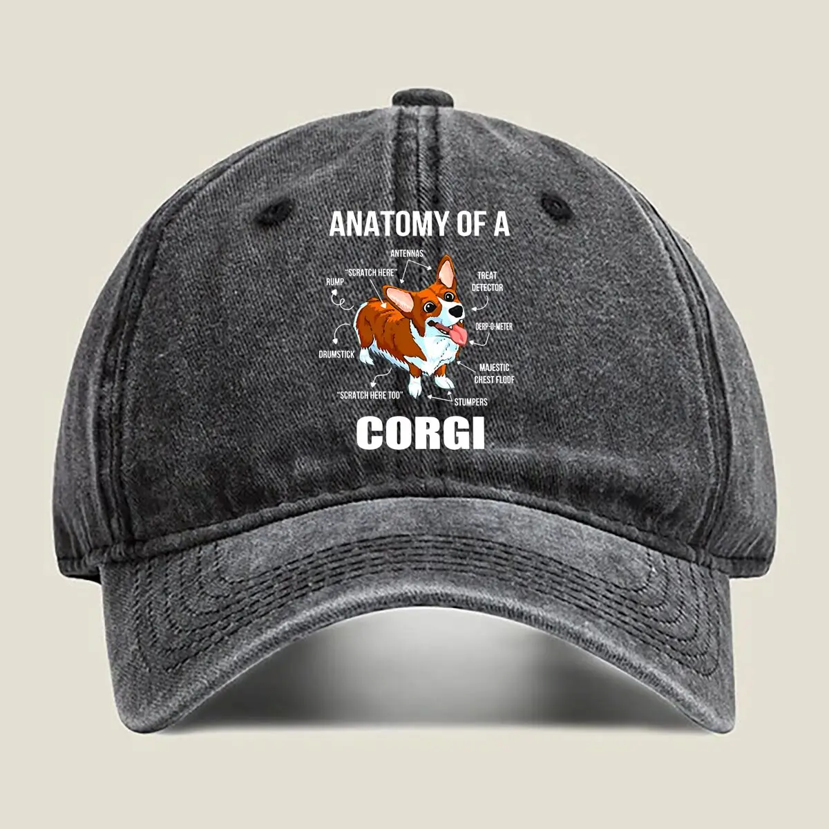 

Cute Cartoon Corgi with Happy Expression Washed Baseball Cap