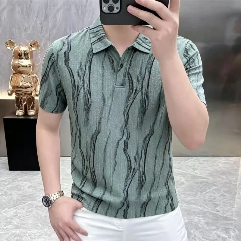 Summer Men's New Style Fashion Casual Seagull Collar Printed Lapel Polo Shirt Top