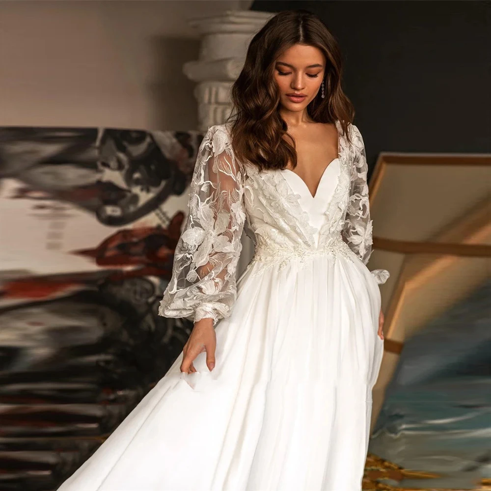 Abiti da sposa di lusso bohémien a-line decalcomanie Sexy in pizzo con scollo a v abiti da sposa eleganti lunghezza di lavaggio principessa Vestidos De Novias