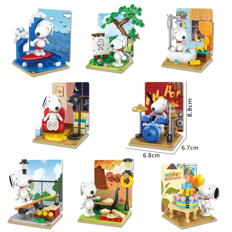 Bloques de construcción de Snoopy genuino, caja de rompecabezas de vida multifacética, bloques de construcción de plástico de dibujos animados,