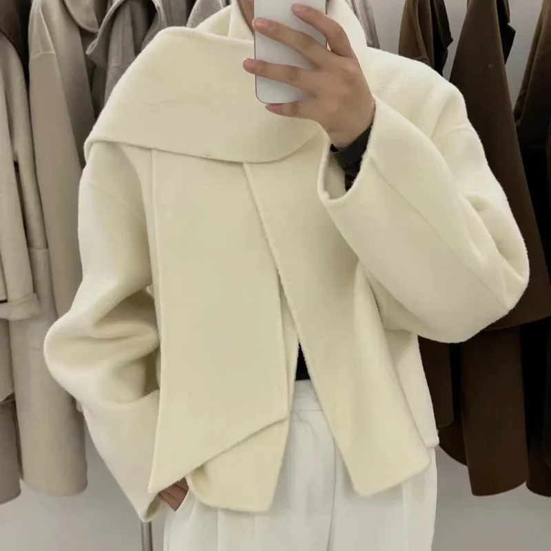 

Autumn Winter New Scarf Collar Short Double-sided Cashmere Coat Women Round Neck Simple Gray Pink French Basic Wool Blended Coat