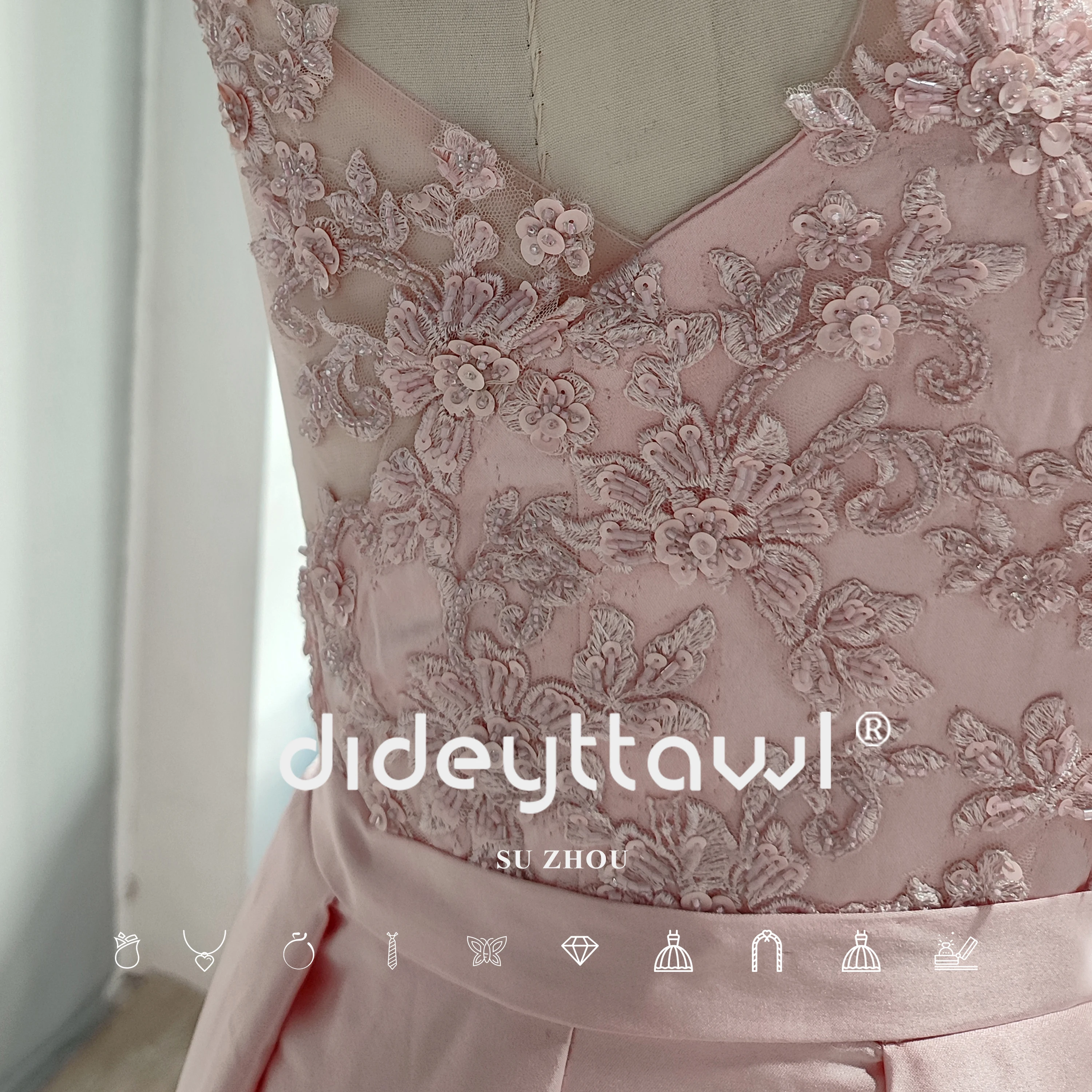 DIDEYTTAWL Real Photos Pink Sleeveless O Neck Evening Dress Beaded A Line Sheer Back Satin Floor Length Prom Gown