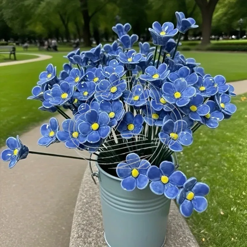 Handcrafted Forget-Me-Not Ceramic Flowers Fade-Resistant Pottery Ornaments for Indoor Outdoor Home Deco view 4