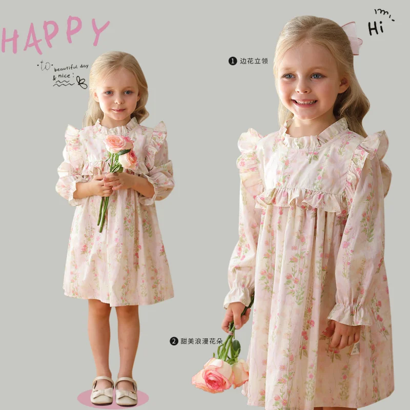 French Flower Tree Fungus-like Lacework Stand Collar Girl Dress2024Children's Autumn Clothing Long Sleeve Children Princess Dres