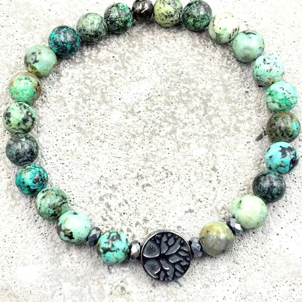 MG2093 6 MM Natural African Turquoise Hematite Beads Tree Of Life Charm Bracelet Womens Grounding Root Chakra Wrist Mala