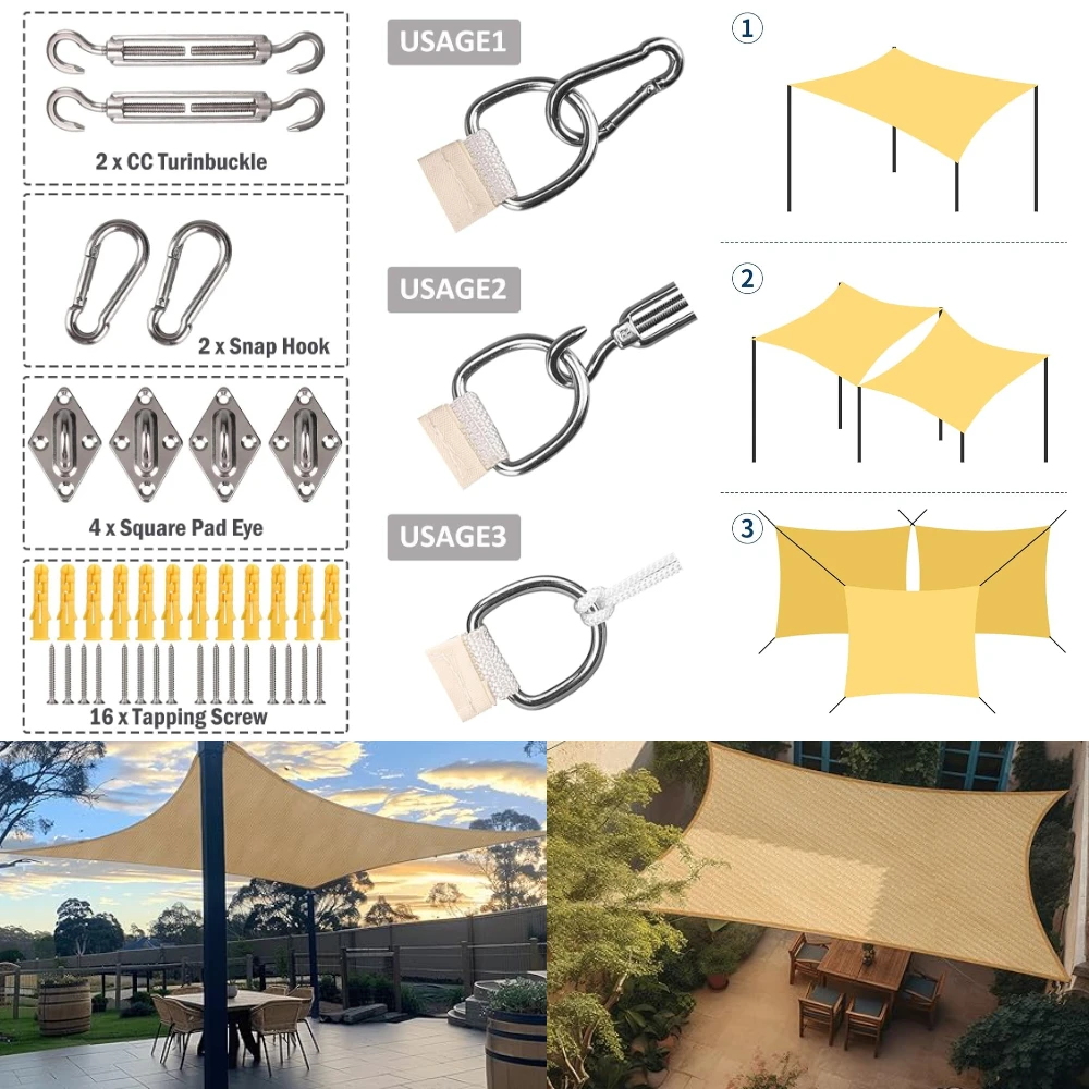 Vela parasol impermeable, toldo rectangular con protección solar, dosel con accesorios, vela de bloque UV 95% para jardín, Patio, pérgola y balcón