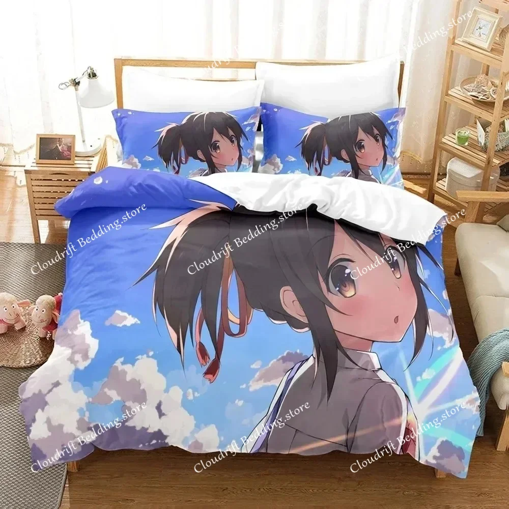 

Комплект элитного постельного белья «Your Name»: пододеяльник, одеяло, покрывало, льняное белье, односпальный размер, с принтом, домашний текстиль, японское аниме, мультфильм