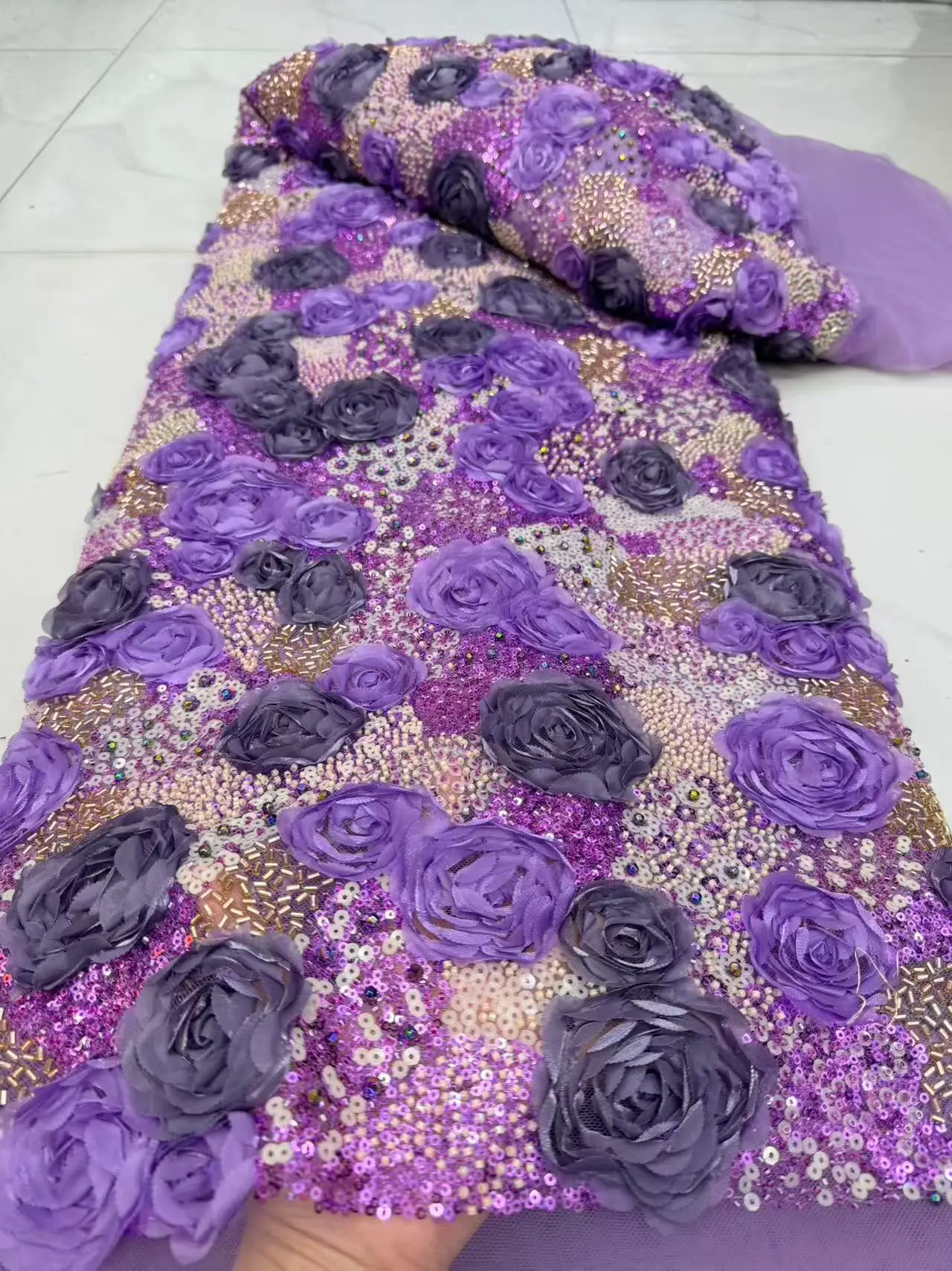 African Nigerian Premium Heavy Embroidered 3D Floral Sequin Beads Tulle Lace Fabric for Wedding Dress Evening Gown Sewing, 5Yard