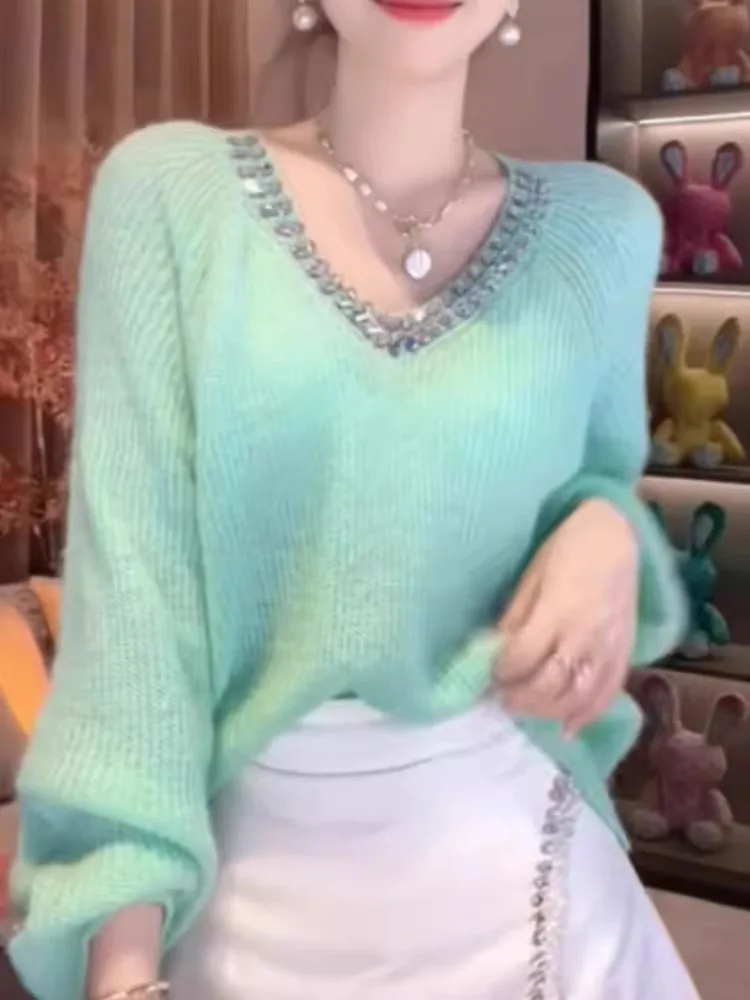 ملابس تريكو نسائية مطلية بالألماس على شكل حرف V طويلة Sve قابلة للتنقل وفضفاضة من مزيج الصوف بتصميم جميل وصديق للتنقل #2