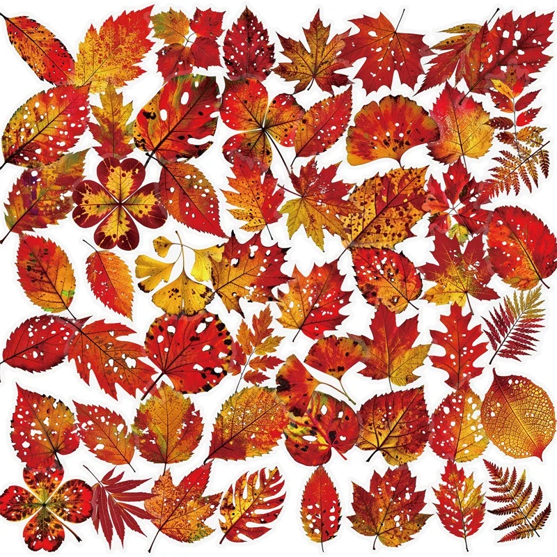 

56PCS Colored Autumn Leaves PET Sticker Aesthetic Sticky Transparent DIY Phone Laptop Luggage Skateboard Graffiti Decals