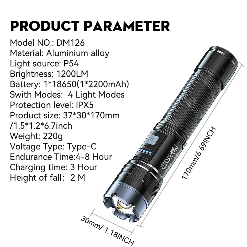 Imagem -06 - Warsun-powed Led Lanterna Recarregável Multifuncional Tocha Exterior Portátil Zoomable Impermeável Camping Caminhadas Luz