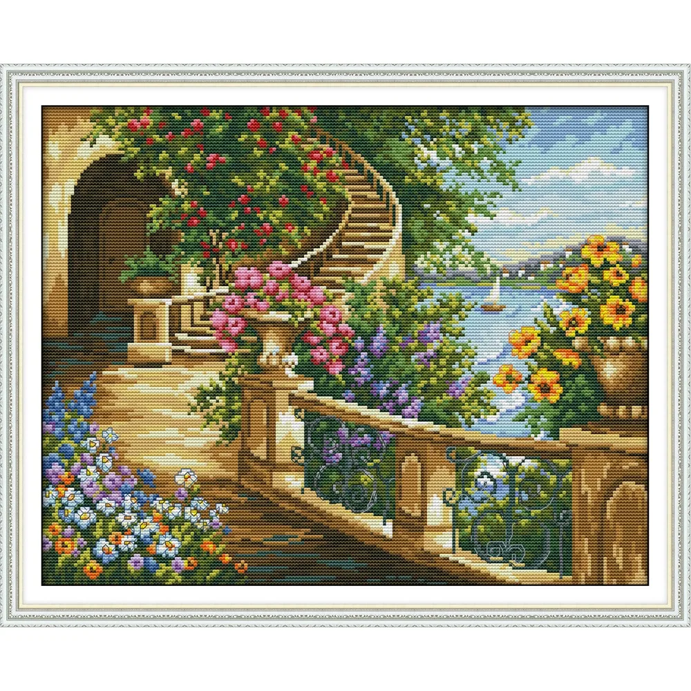News Pre-Printed Cross Stitch Kit, Stamped Aida Fabric With DMC Threads, Embroidery Kit - Spring Balcony