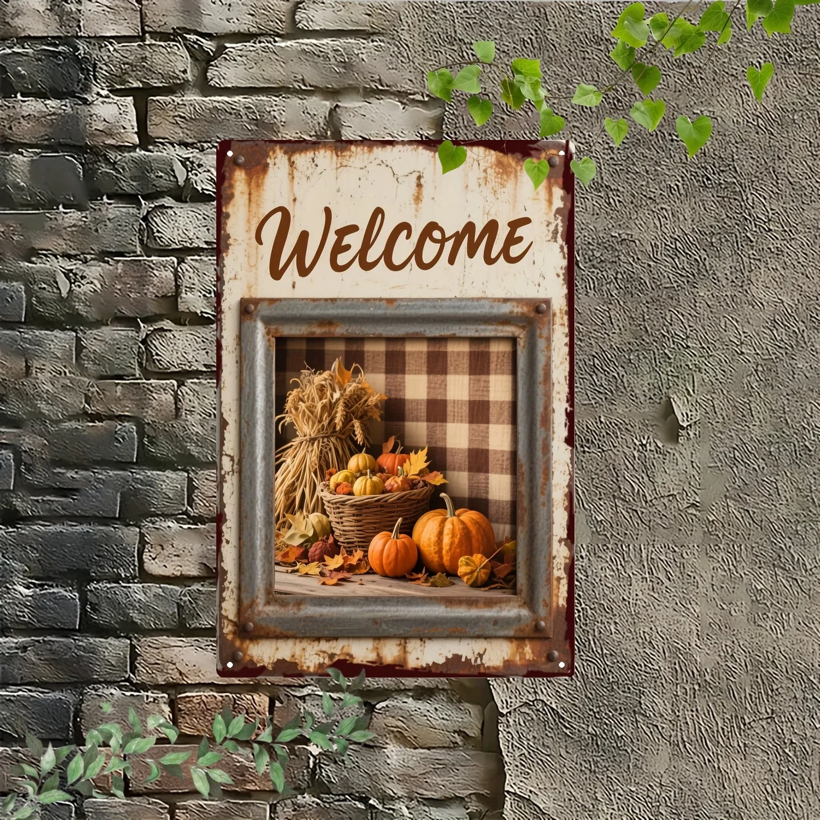 Metal Welcome Sign with Pumpkins & Autumn Leaves - Rustic Iron Wall Decor for Living Room, Bedroom, Kitchen, Office - No Elect
