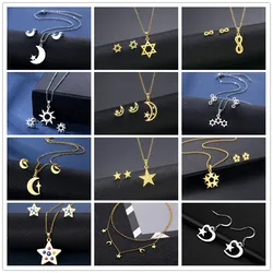 Stainless Steel Jewelry Moon Star Necklaces &  Earings Set Hollow David Star Infinity Pendant Piercing Earring Mutilayer Chokers