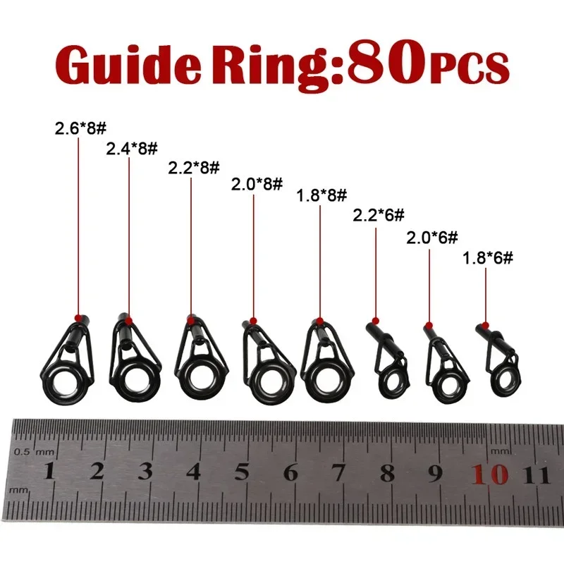 80pcs Black Multi-Gauge Marine Rod Guide Ring Set Stainless Steel Ceramic Lua Leader Ring