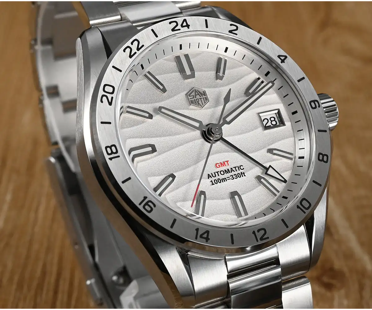 San Martin New 39mm Desert Texture Luxury Men Business Dress GMT Watch NH34 Automatic Mechanical Waterproof 100m Luminous SN0129