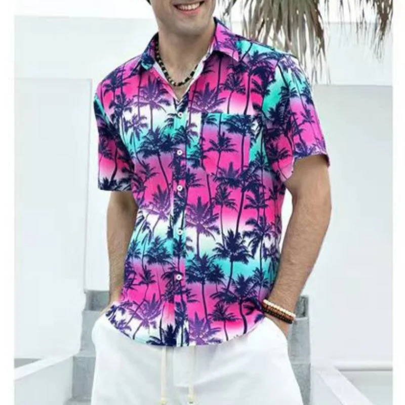 

2024 New printed top European and American men's fashion beach casual short-sleeved button-down shirt