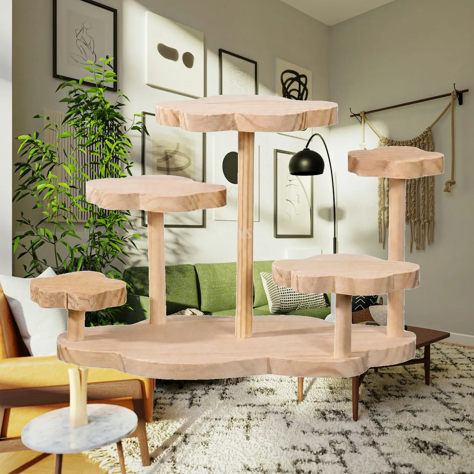 Multi Tier Wooden Display Shelf Stand for Desk Showcase of Small Art Pieces and Beauty Products with Base