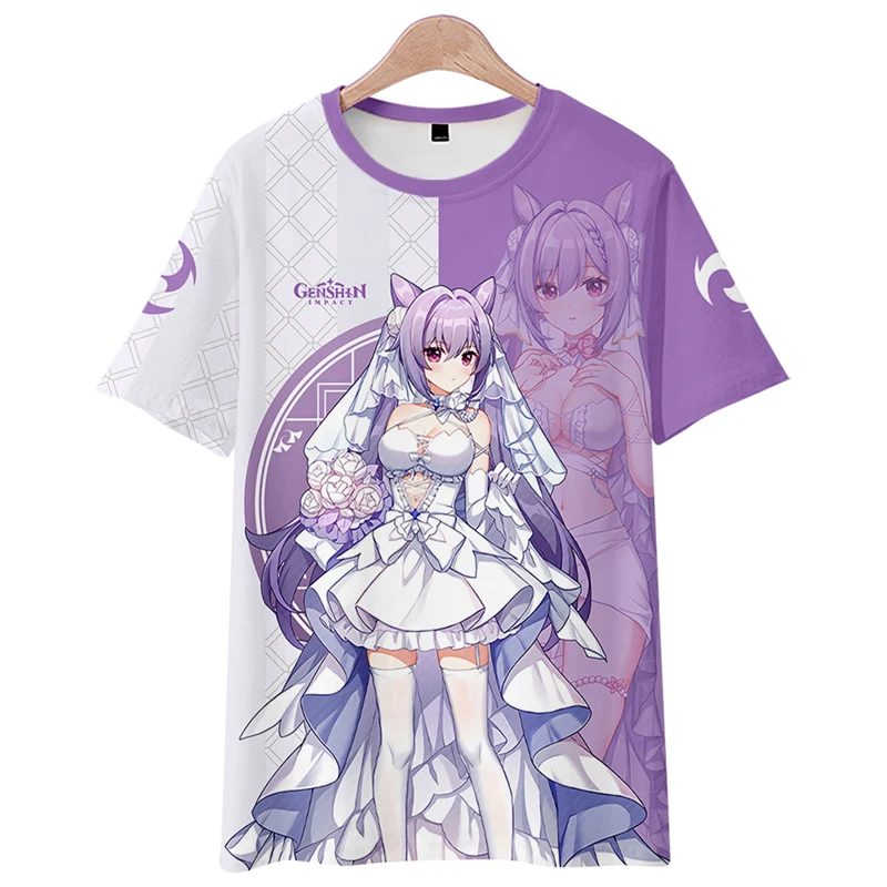 Genshin Impact Keqing Camiseta de manga corta circundante, ropa de Anime 3D brillante y dolorida, ropa de anime, conjunto de pantalones cortos