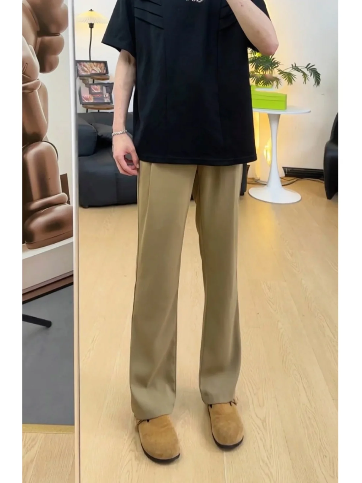 

Ce Brown Youth Men's Summer Loose Fit Ice Silk Micro Flare Pants Straight Leg Casual Trousers for Teens Faionable Casual ...