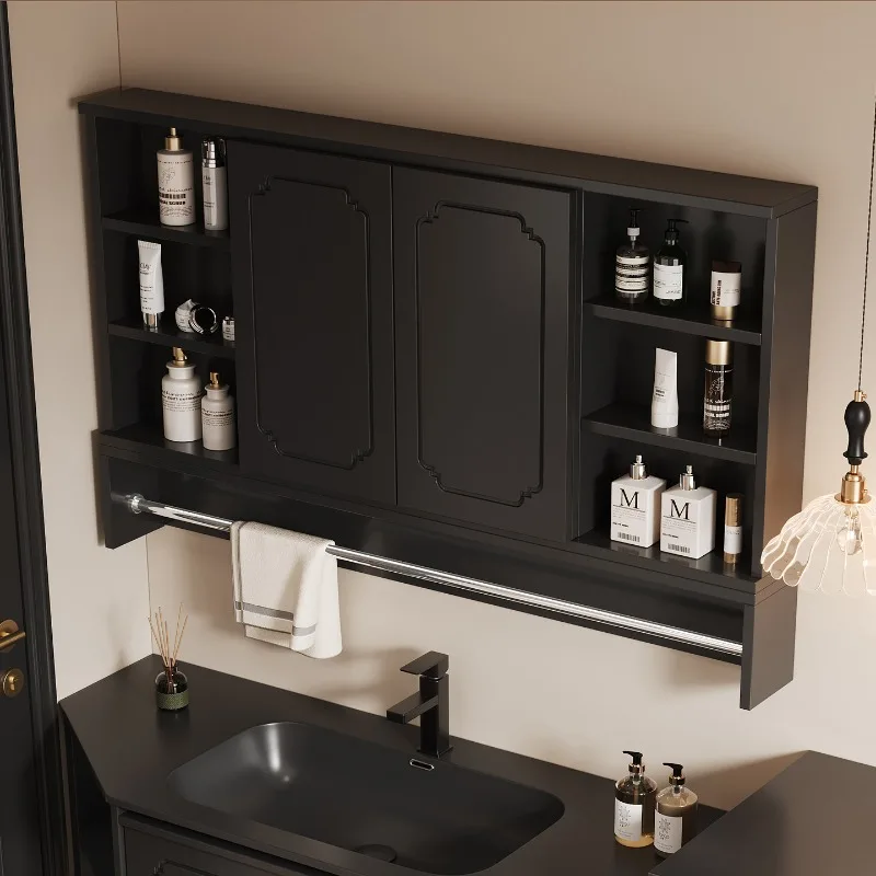 Light luxury French folding hidden smart mirror cabinet Solid wood bathroom Mirror box Wall-mounted storage Through-top locker