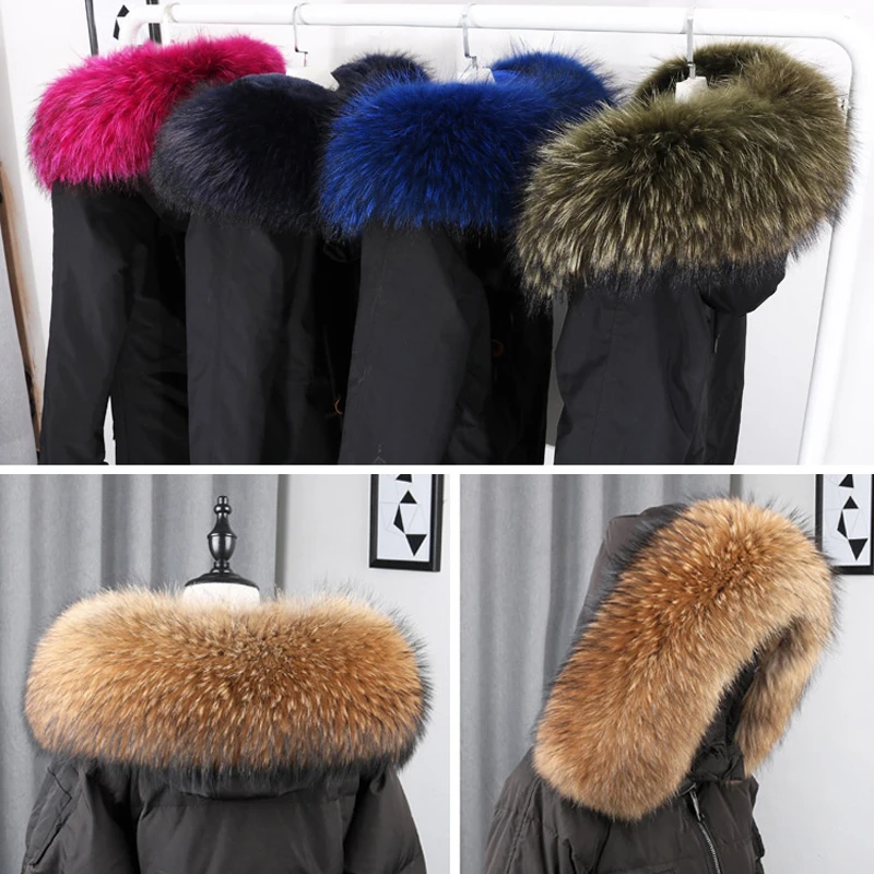 

Natural Real Raccoon Fur Collar Winter Women Luxury Warm Genuine Fur Scarf Parka Coat Hood Straight Scarf Warm Shawls Ladies