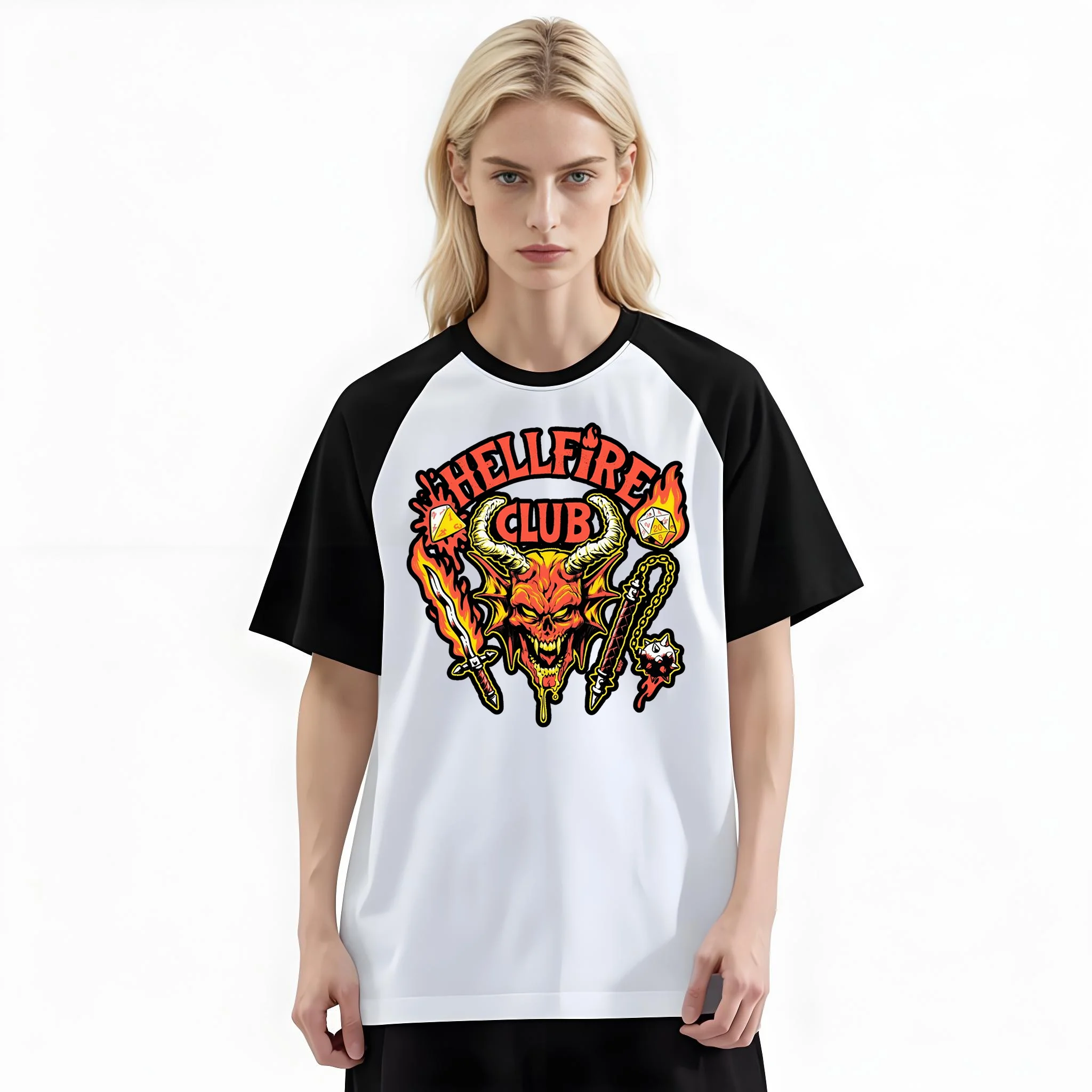 Women'S Fashion Raglan Sleeve T-Shirt, Hellfire Club Demon Head Dice Flames Retro Dark Street Printed, Summer Casual Comfortable Tee, Women'S Everyday Short-Sleeve Top