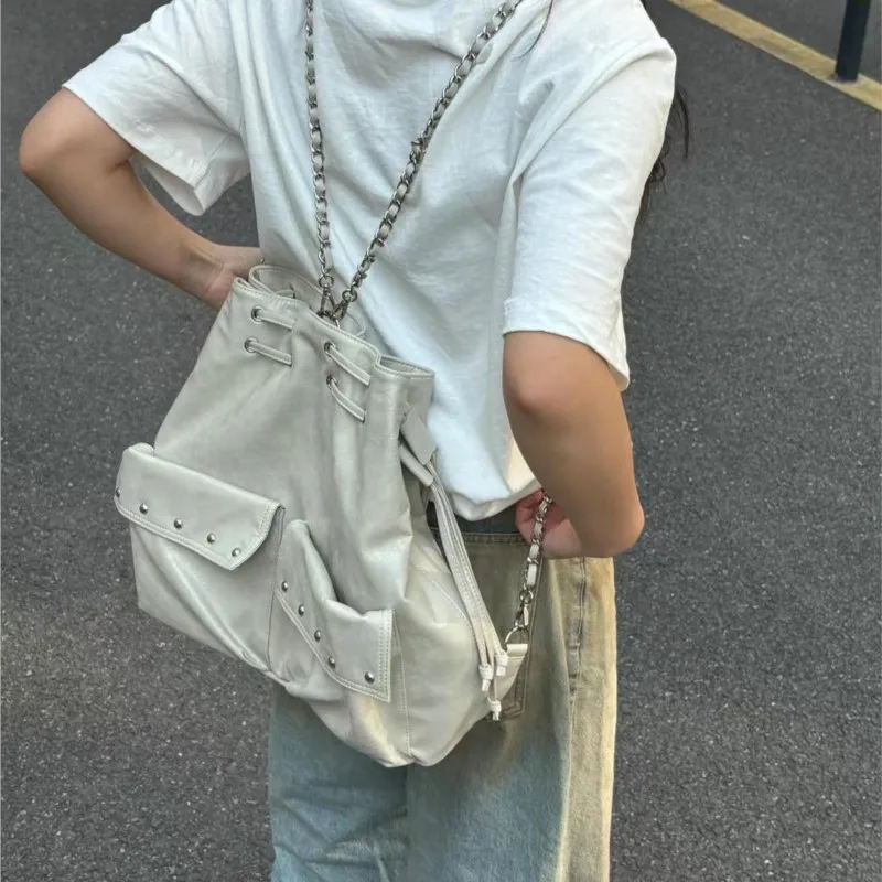 

Harajuku однотонный рюкзак с цепочкой женский кожаный рюкзак с завязками большой емкости женская мода Y2k Mochilas Mujer