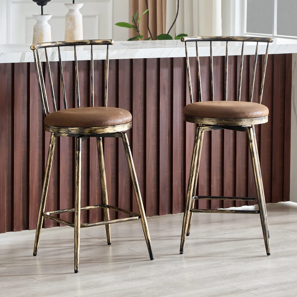 Windsor Style Industrial Bar Stool Padded Round Seat Metal Spindle Back Bar Height Counter Chair with Footrest Overall 43.2x39x96cm Seat Height 59cm Cushion Thickness 7cm Vintage Minimalist for