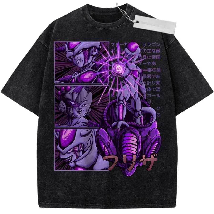 Übergroßes Vintage Washed Dragon Ball Z T-Shirt Frieza Herr des Bösen Manga Graffiti Streetwear Tee für Tägliches Casual Outfit