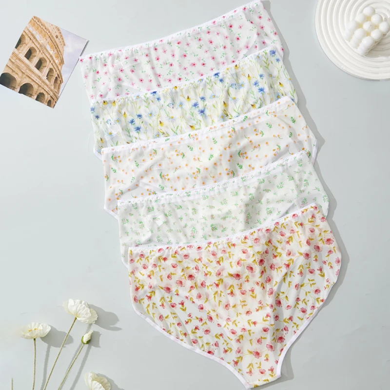 3PCS Set of Fresh Floral Print Tulle Thong Panties—Lightweight, Breathable Girls' Underwear for Summer Sexy Panties