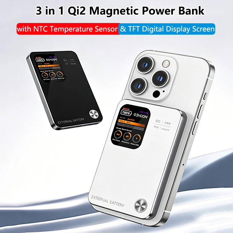 

Qi2 3 in 1 Magnetic Power Bank Wireless Fast Charger With NTC Thermistor TFT Screen External Battery For iPhone 17 Watch Airpods