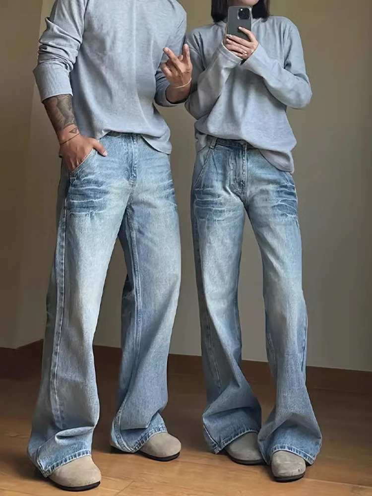 

Cleanfit Men's Retro Waed Blue Flared Jeans Straight Leg Slimming Trousers Couple's Faion High Waist Long Cotton Denim