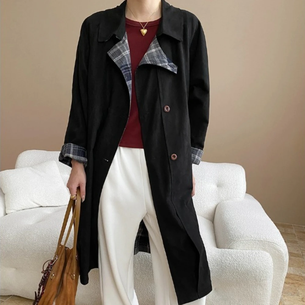 TWOTWINSTYLE Solid Spliced Plaid Basics Jacket Female Lapel Long Sleeve Loose Temperament Women's Long Jackets Summer Fashion